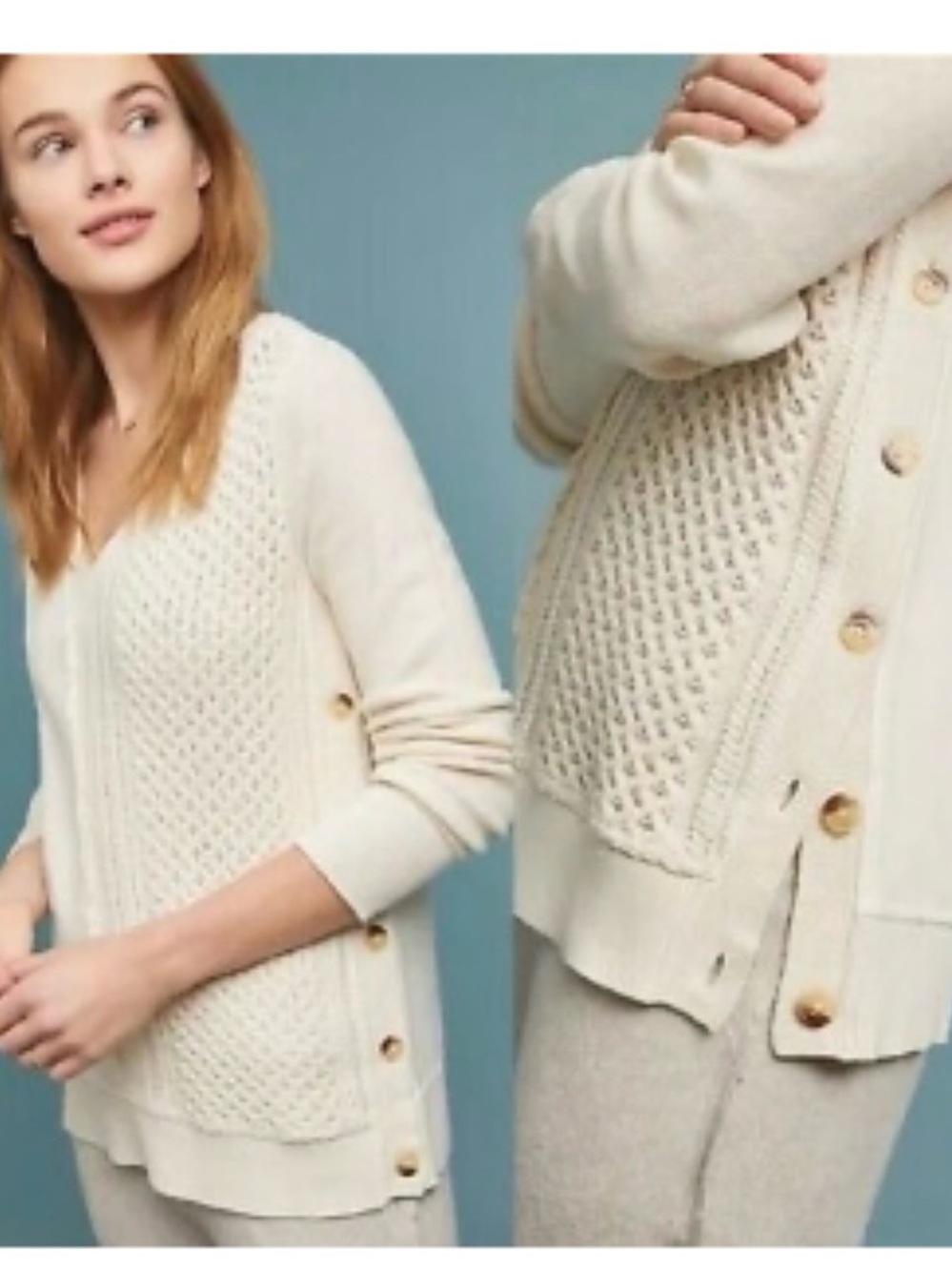 Anthropologie Cream Knit Button-Side V-Neck Cardigan